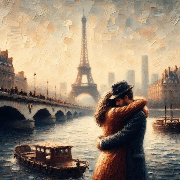 a painting of a couple hugging in front of a bridge and the city in the background