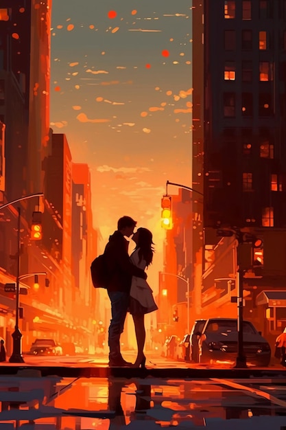 A painting of a couple kissing in the city