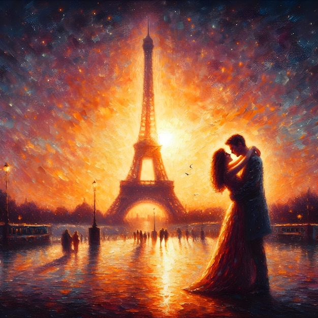 a painting of a couple kissing in front of a tower that has the word paris on it