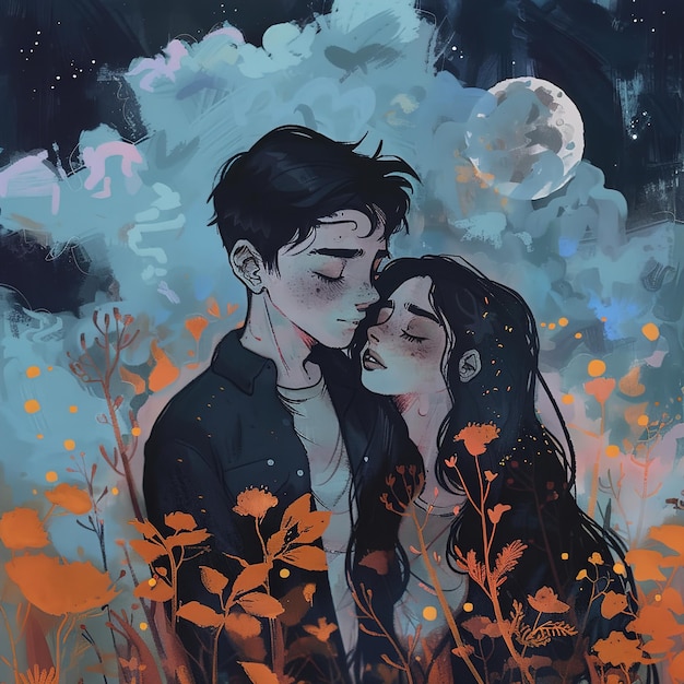 a painting of a couple kissing in the grass with the moon behind them