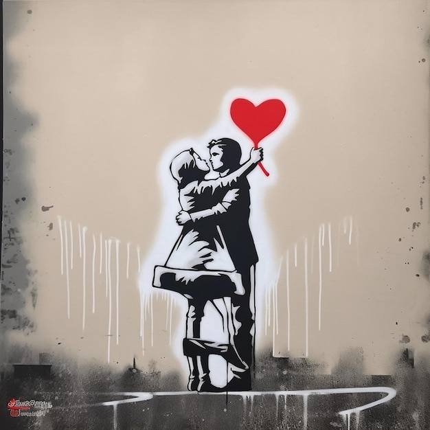 A painting of a couple kissing and a heart with the word love on it