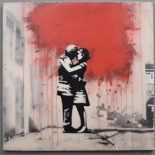 a painting of a couple kissing and kissing in front of a red wall.