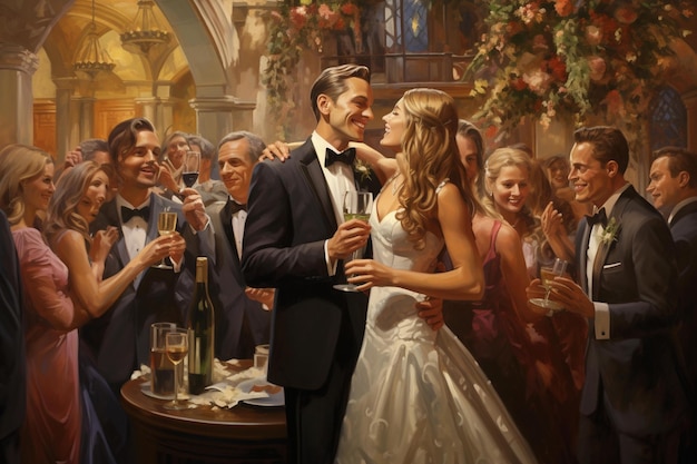 A painting of a couple kissing and a man in a tuxedo with a wine glass in the foreground.