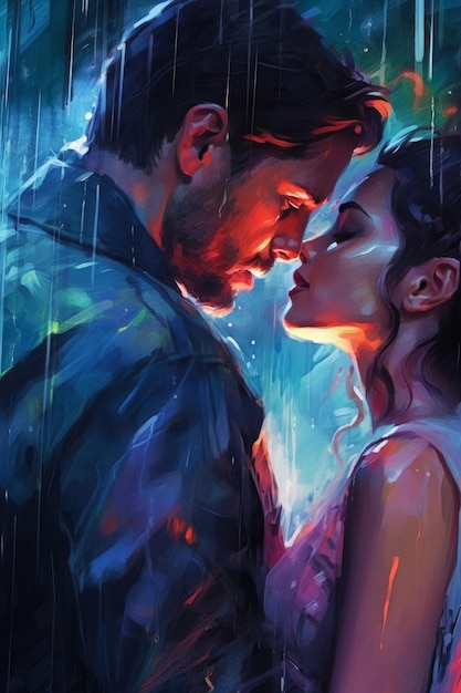 A painting of a couple kissing in the rain