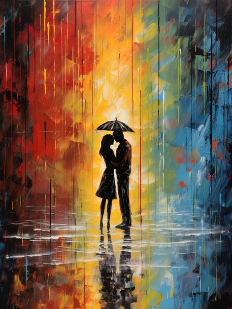 Photo a painting of a couple kissing under an umbrella