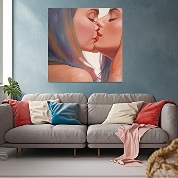 A painting of a couple kissing on a wall above a couch.