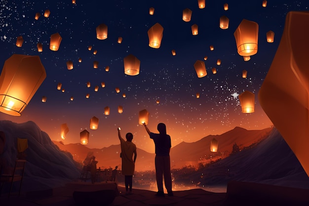 A painting of a couple looking up at a lantern with the words " lantern " above them.