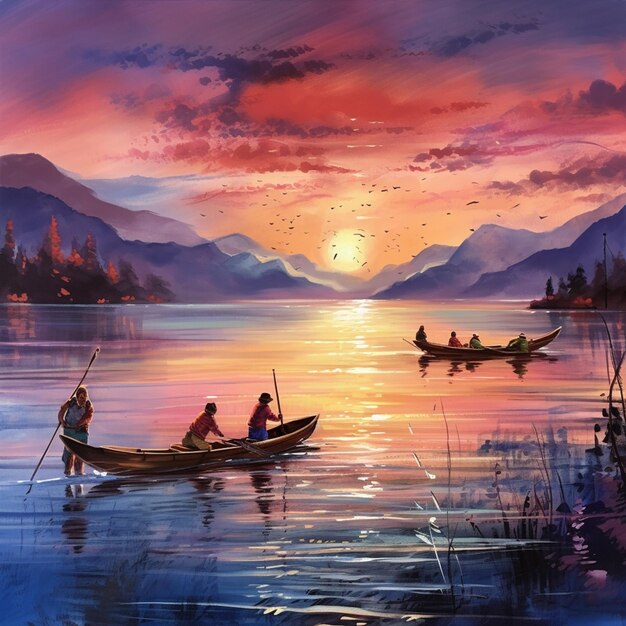 Painting of a couple of people in a boat on a lake generative ai