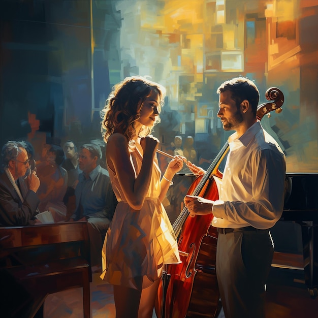 a painting of a couple playing cello in front of a piano.