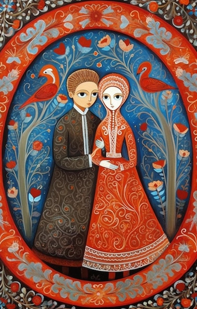Картина пары в красном платье и птицы на синем фоне