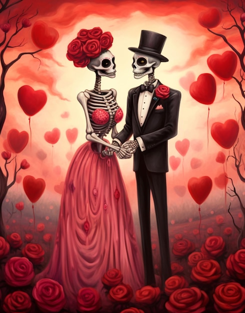 painting of a couple in a red dress and a skeleton in a tuxedo generative ai