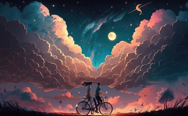 Anime Couple Biking Night Sky Scenery 4K Wallpaper iPhone HD Phone #3990f