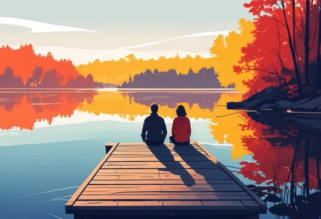 a painting of a couple sitting on a dock and watching the autumn trees