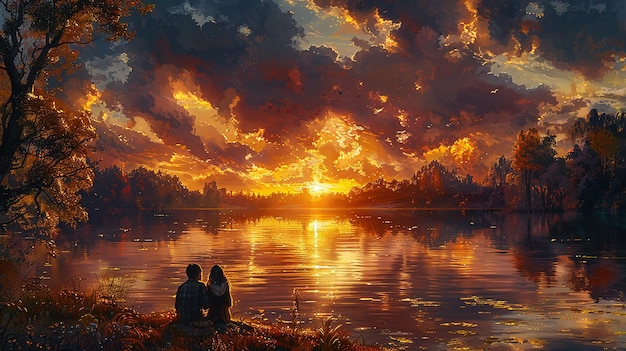 a painting of a couple sitting on the shore of a lake with the sun setting behind them