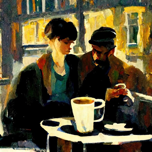 a painting of a couple sitting at a table with a coffee cup on it