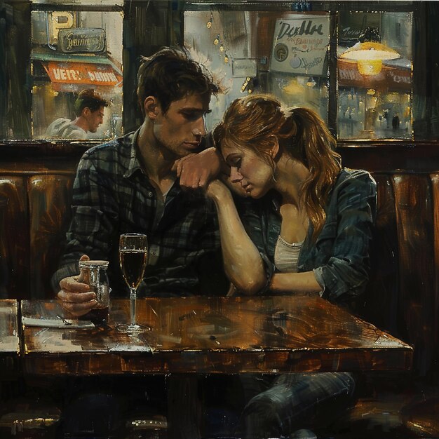 Photo a painting of a couple sitting at a table with a sign that says  p  on it