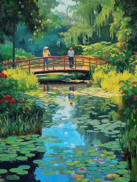 A painting of a couple standing on a bridge with a pond in the background.