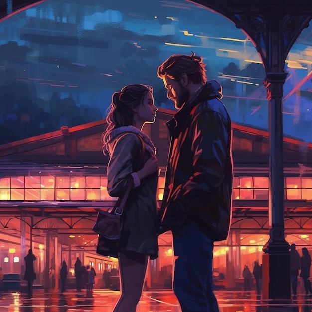 Painting of a couple standing in front of a train station generative ai