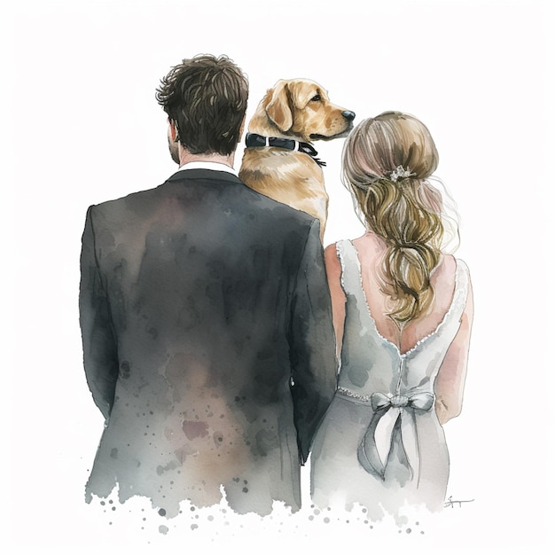 Painting of a couple and their dog looking at a dog generative ai