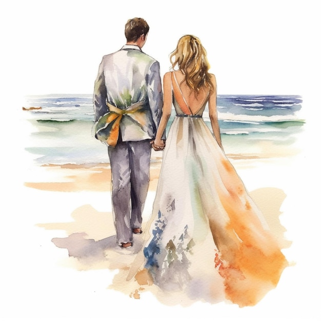 Painting of a couple walking on the beach holding hands generative ai