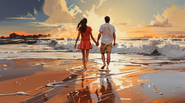 A painting of a couple walking on the beach at sunset ai