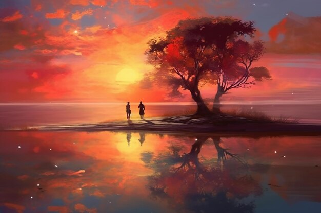 前景に木を立ててビーチを歩くカップルの絵。