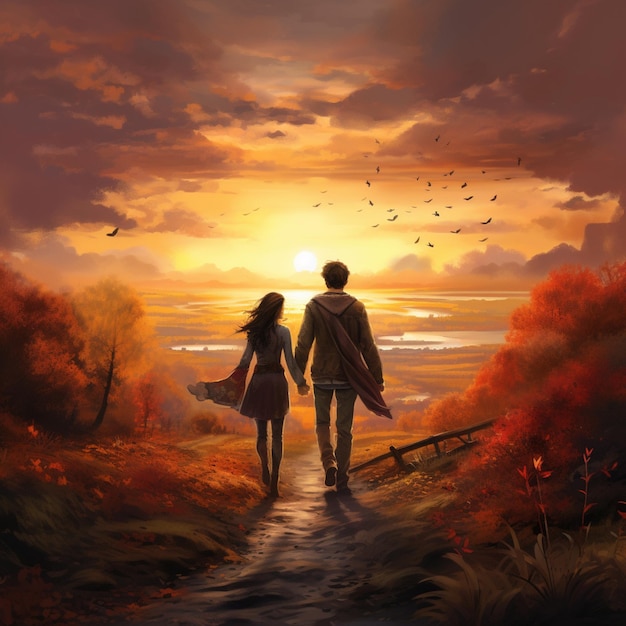 painting of a couple walking down a path towards a sunset generative ai