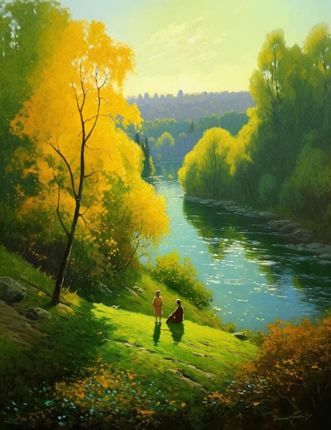 A painting of a couple walking in the grass near a river