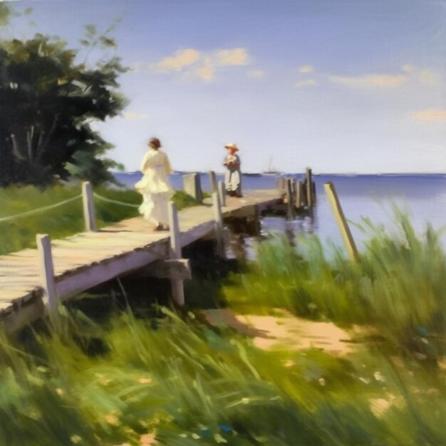 painting of a couple walking on a pier near the water generative ai