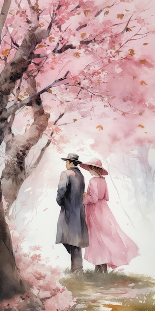 A painting of a couple walking under a pink cherry blossom tree.