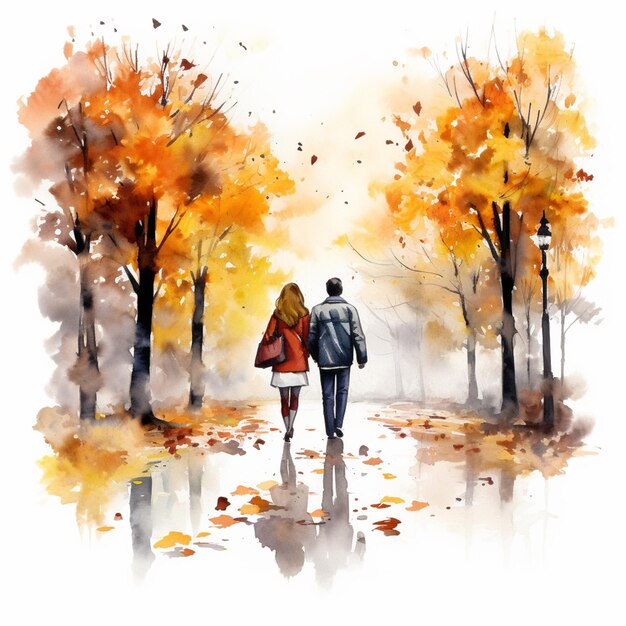 Painting of a couple walking in the rain in a park generative ai