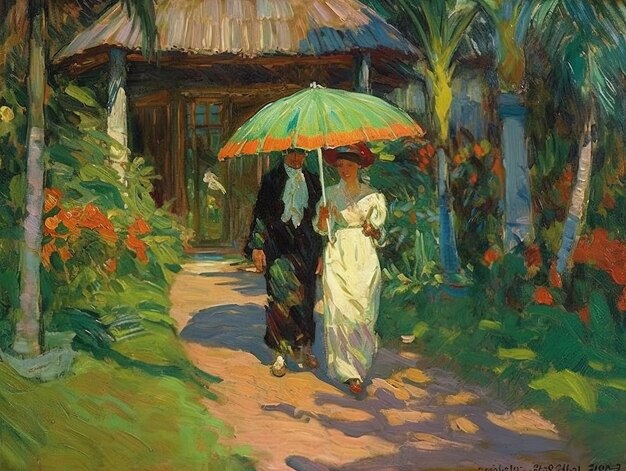 Photo a painting of a couple walking in the rain under an umbrella