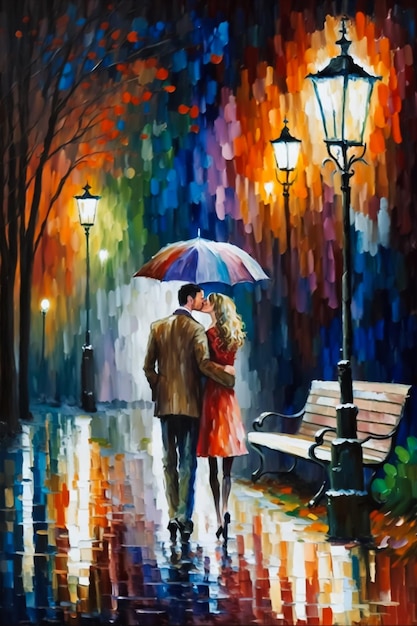 A painting of a couple walking in the rain with an umbrella.