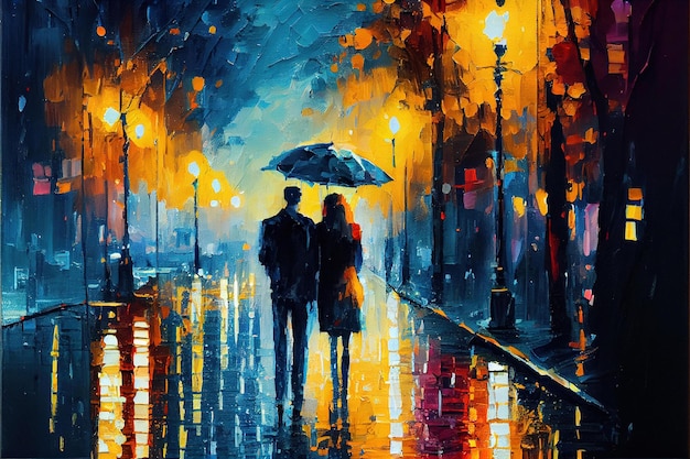 A painting of a couple walking in the rain with an umbrella