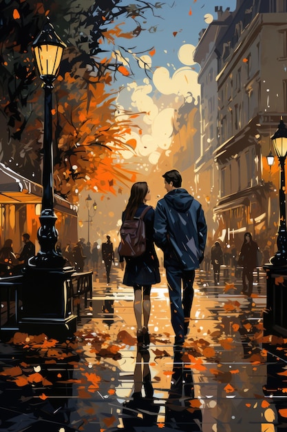 A painting of a couple walking in the rain