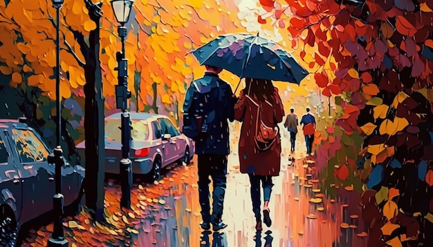 A painting of a couple walking in the rain