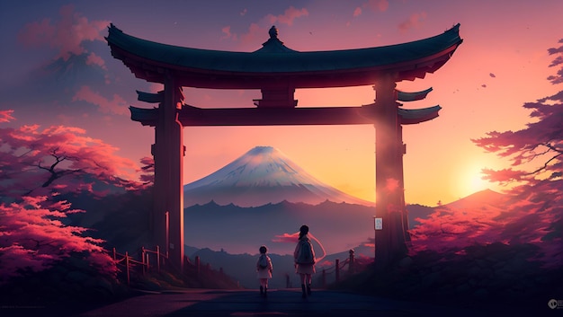 A painting of a couple walking towards mount fuji