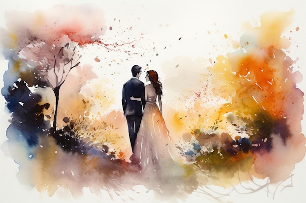 A painting of a couple walking in the woods