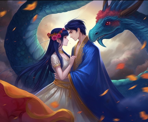 A painting of a couple with a dragon on it