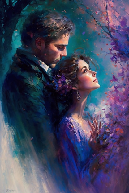 A painting of a couple with purple flowers