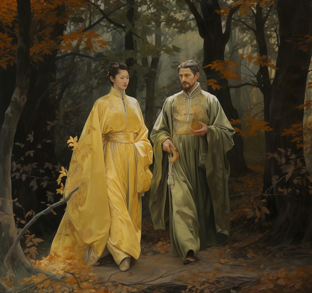 a painting of a couple in yellow and brown with the words " kimono " on it.