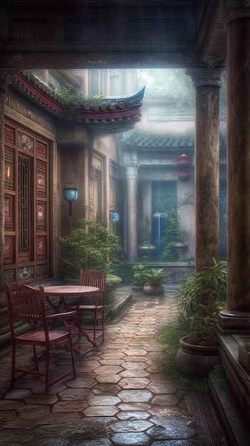 A painting of a courtyard with a table and chairs.