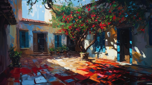 A painting of a courtyard with a tree in the foreground.