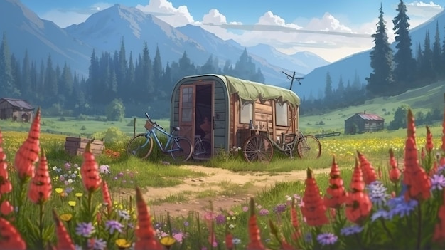 A painting of a covered wagon in a field of flowers AI generative image