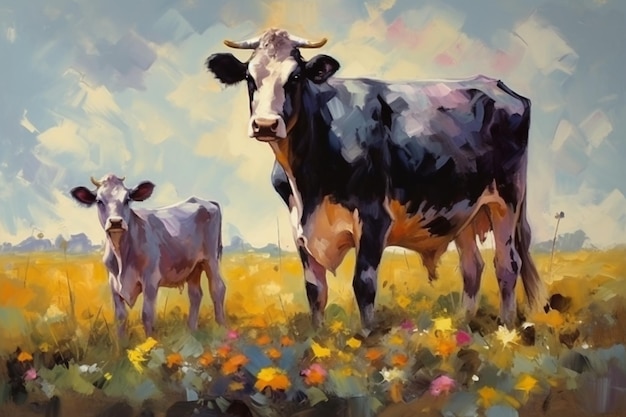 A painting of a cow and a calf in a field of flowers.