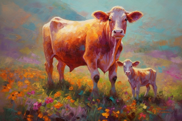 A painting of a cow and a calf in a field of flowers.