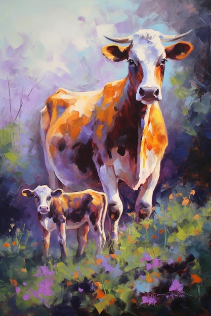 A painting of a cow and a calf in a field.