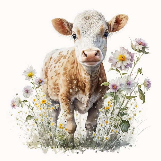 A painting of a cow in a field of flowers