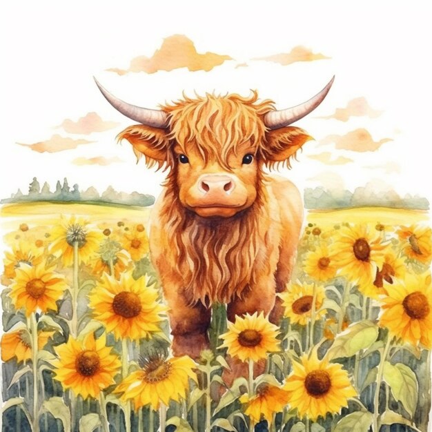 Painting of a cow in a field of sunflowers with a sky background generative ai