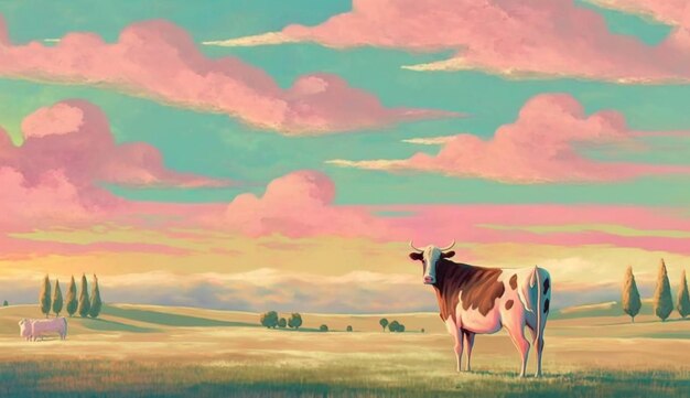 Картина коровы в поле с розовым небом и облаками.